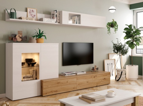 Mueble TV suspendido en madera de roble y laca blanca. Compuesto por 2  modulos a pared abatibles en roble natural…
