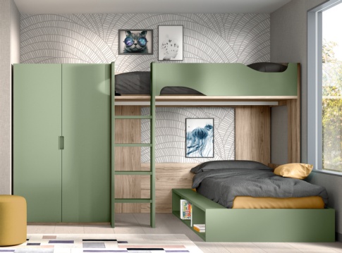 Moderna y cómoda Habitación juvenil para dos con litera y armario azul y  verde menta