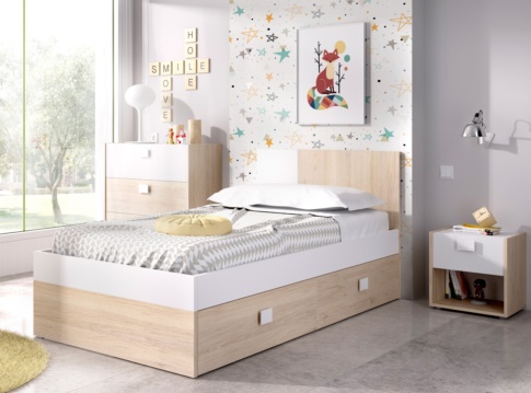 Cama juvenil fabricada en madera maciza con dos cajones y somier de color  natural Felix WNM Group